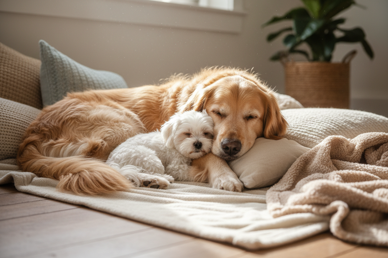 zwei süße Hunde kuscheln miteinander, ein großer und ein kleiner Hund.  